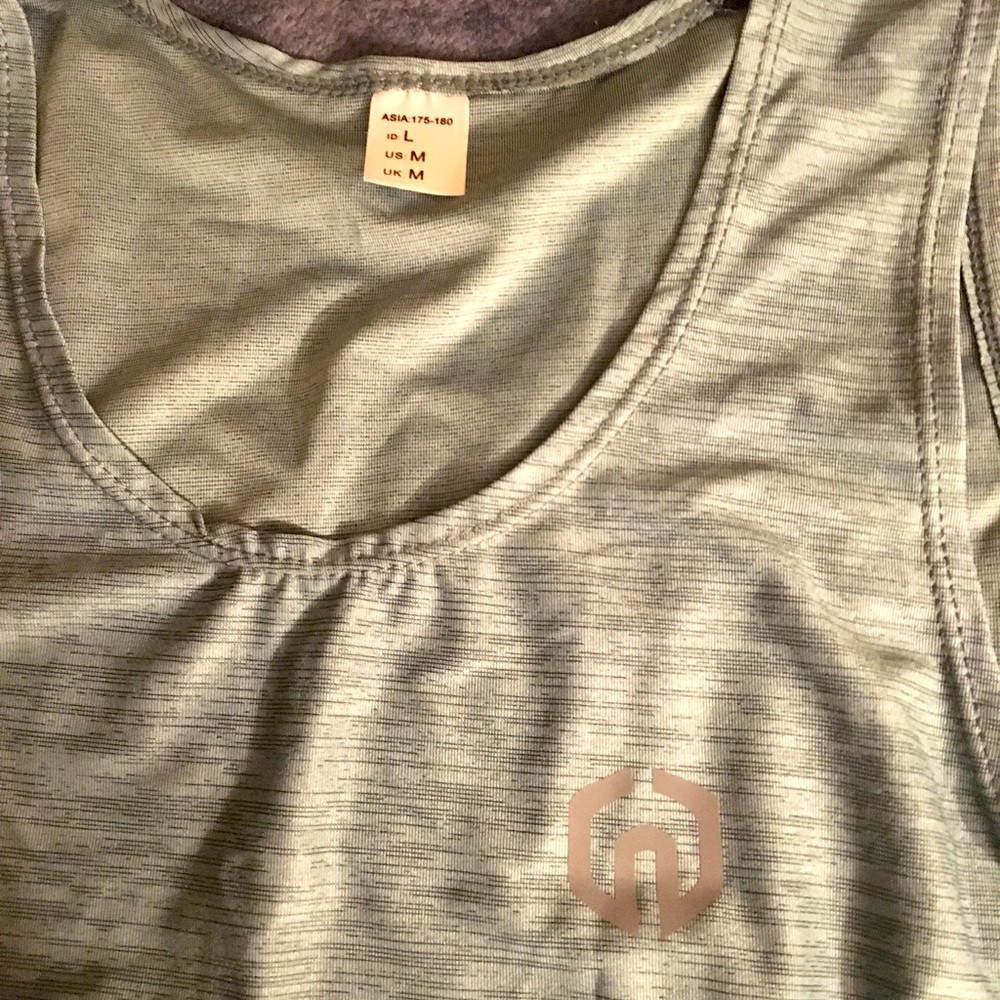 Two athletic tank tops, light green and grey, L